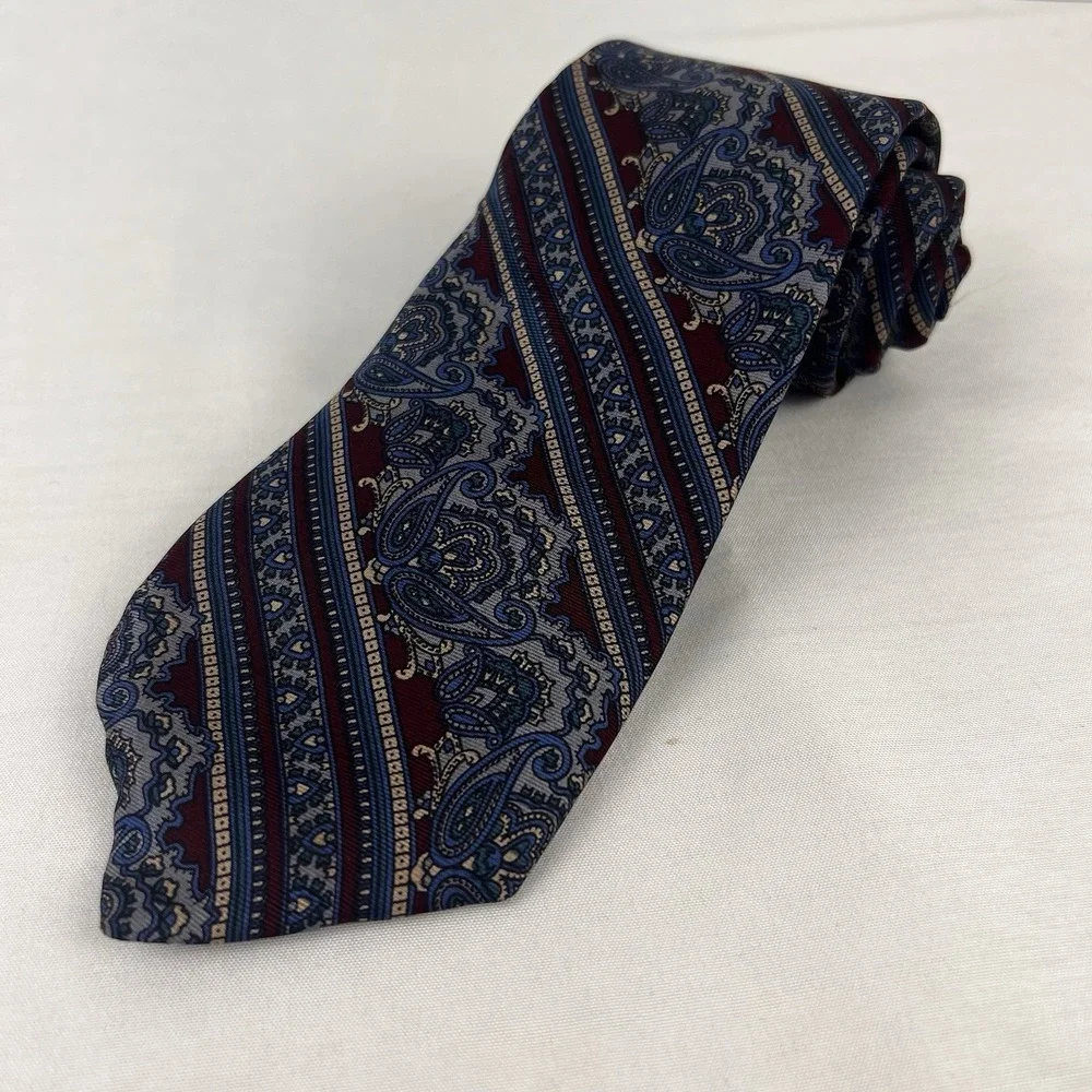 Vintage Brittany House London Silk Tie Blue Burgundy Paisley Stripe Mens Necktie